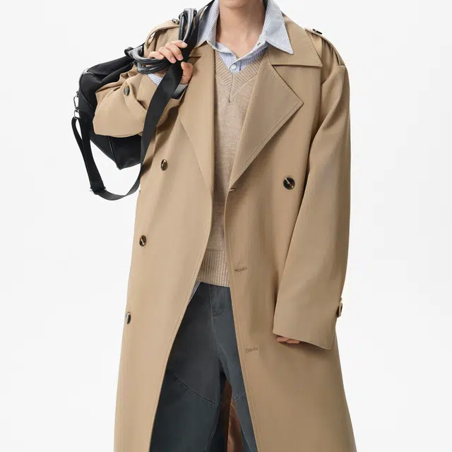 普鲁士多特蒙德 美式复古简约基础款美拉德西装领时尚百搭舒适优雅收腰宽松双排扣纯色夹克英伦风腰带中长款大衣 男女同款