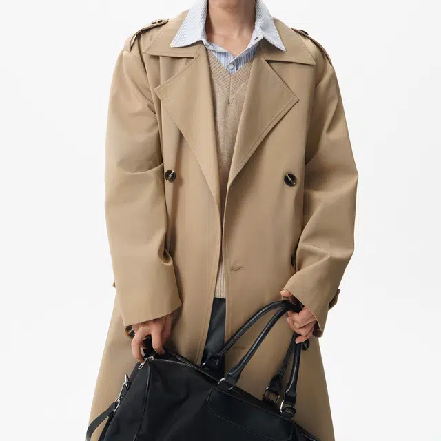 普鲁士多特蒙德 美式复古简约基础款美拉德西装领时尚百搭舒适优雅收腰宽松双排扣纯色夹克英伦风腰带中长款大衣 男女同款