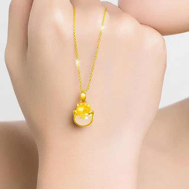 【精选高品质和田玉】买一赠一金片 金师傅 招财猫纳福吊坠 财源滚滚新中式国潮复古气质可爱萌趣百搭#好运小众轻奢高级 项链 青白玉 女款