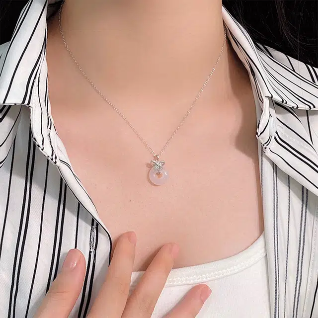 【S999足银|精选高品质】 金师傅 蝴蝶结平安扣 招财纳福森系国潮气质甜美大方小众轻奢高级#好运 玻璃猫眼 项链 女款