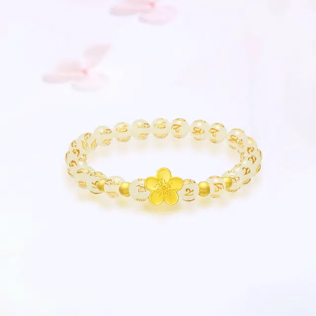 【999金|精选高品质】 金师傅 六字箴言桃花 一见倾心浪漫花朵转运珠 新中式国潮气质复古大气优雅百搭 小众轻奢高级#好运 玛瑙 手串 女款