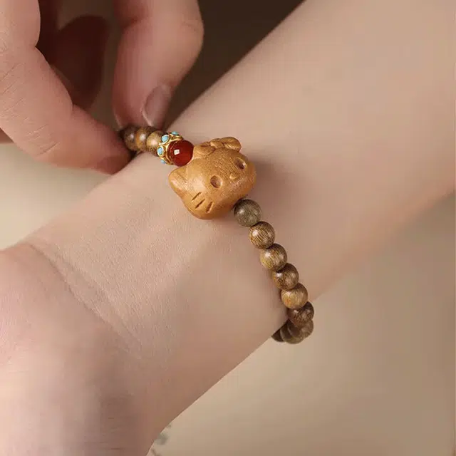 【S999足银|甄选高品质】 金师傅 平安锁猫咪套装 吉祥如意招财猫转运新中式国潮气质民族小众高级简约百搭吊坠 黑檀 手串 男女同款情侣款