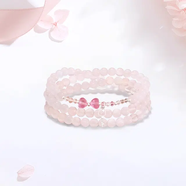【S925银招财猫|高品质】 金师傅 萌趣猫咪钥匙多圈叠戴 招桃花能量之石 甜美蝴蝶结 可爱气质小众轻奢高级简约百搭好运 粉水晶 手串 女款