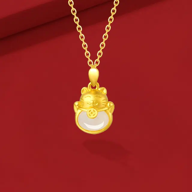 【精选高品质和田玉】买一赠一金片 金师傅 招财猫纳福吊坠 财源滚滚新中式国潮复古气质可爱萌趣百搭#好运小众轻奢高级 项链 青白玉 女款