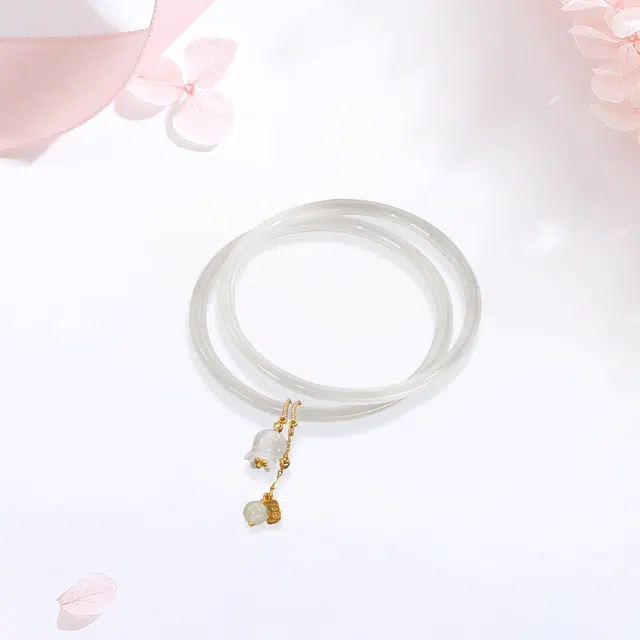 【精选高品质】 金师傅 铃兰花开白月光流苏双圈 一步一响新中式国潮气质简约百搭闺蜜小清新 小众轻奢设计高级#好运 琉璃 手镯 女款
