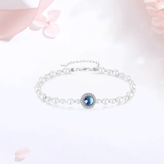 【S925银高品质|蓝眼泪】 金师傅 鲛人语水星记珍珠手饰 韩系气质清冷简约百搭高级 小众轻奢优雅设计款#好运 玻璃猫眼 手链 女款