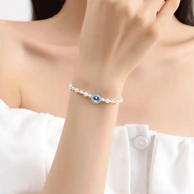 【S925银高品质|蓝眼泪】 金师傅 鲛人语水星记珍珠手饰 韩系气质清冷简约百搭高级 小众轻奢优雅设计款#好运 玻璃猫眼 手链 女款