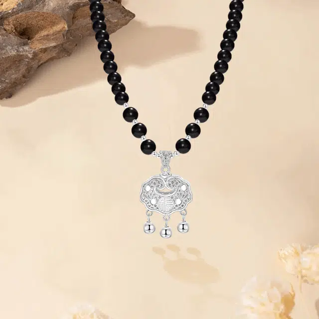 【S999足银|甄选高品质】 金师傅 平安锁猫咪套装 吉祥如意招财猫转运新中式国潮气质民族小众高级简约百搭吊坠 黑檀 手串 男女同款情侣款