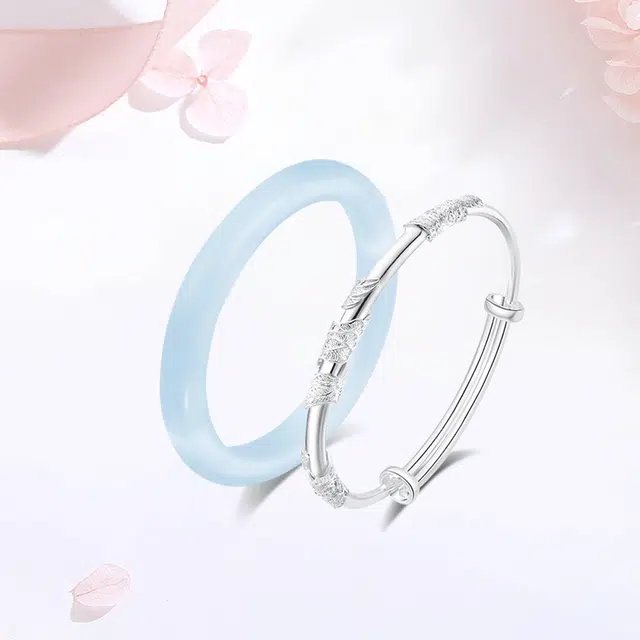 【甄选高品质】 金师傅 繁花似锦冰冰蓝叠戴 一步一响美人镯新中式国潮气质白月光清冷优雅百搭 小众轻奢设计高级 玻璃猫眼 手镯 女款