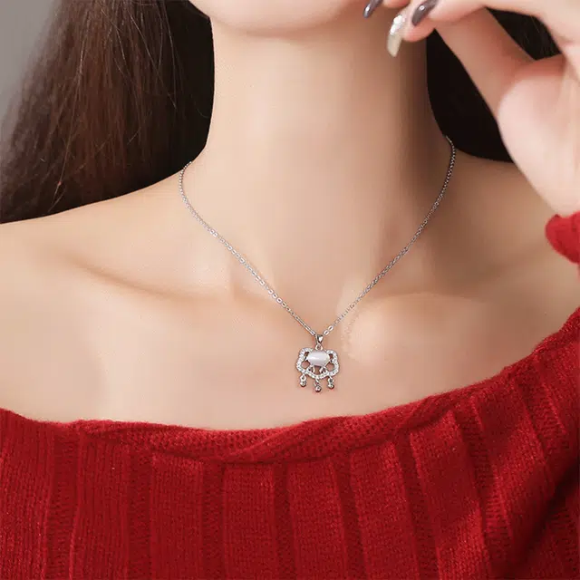 【S999纯银|甄选高品质】 金师傅 平安锁套装 招财纳福竹韵 节节高升平安喜乐新中式精致气质优雅清冷小众轻奢高级 玻璃猫眼 项链 女款