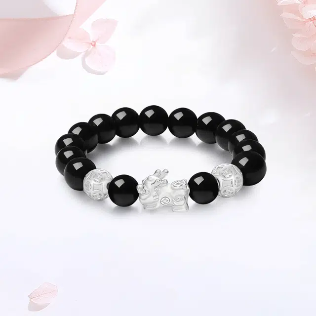 【S999足银|精选高品质】 金师傅 貔貅串珠 招财纳福万事如意时来运转 新中式国潮气质简约百搭小众高级#好运 黑曜石 手串 男女同款情侣款
