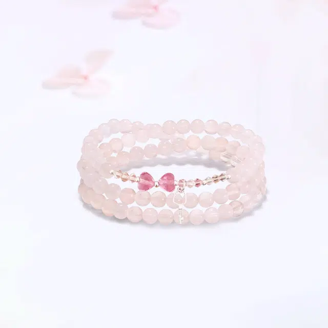 【S925银招财猫|高品质】 金师傅 萌趣猫咪钥匙多圈叠戴 招桃花能量之石 甜美蝴蝶结 可爱气质小众轻奢高级简约百搭好运 粉水晶 手串 女款
