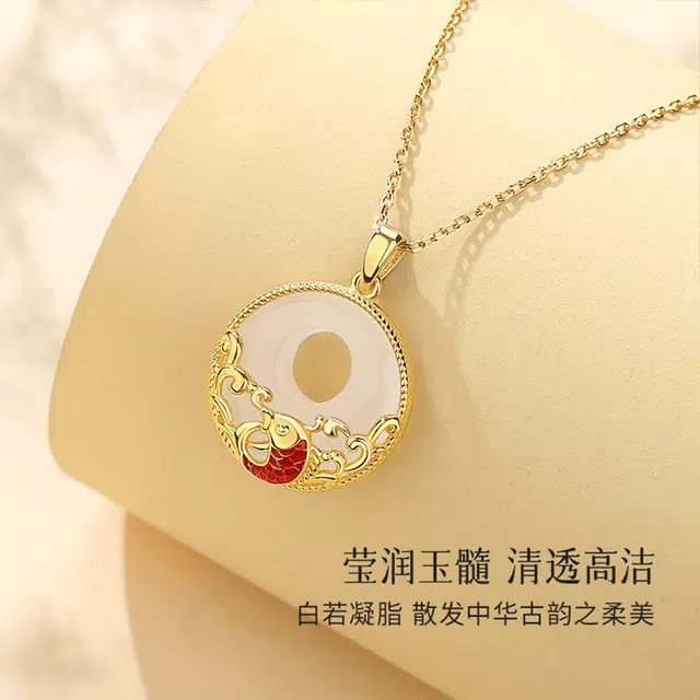 【精选高品质|S925银】 金师傅 锦鲤平安扣吊坠 顺利上岸转运平安喜乐新中式国潮风复古万事如意优雅气质简约百搭#好运 玉髓 项链 女款