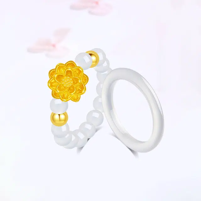 【999金|精选高品质】 金师傅 莲花白月光叠戴戒指 好运莲莲有钱花 万事如意新中式气质清冷百搭优雅 小众轻奢高级#好运 玛瑙 戒指 女款