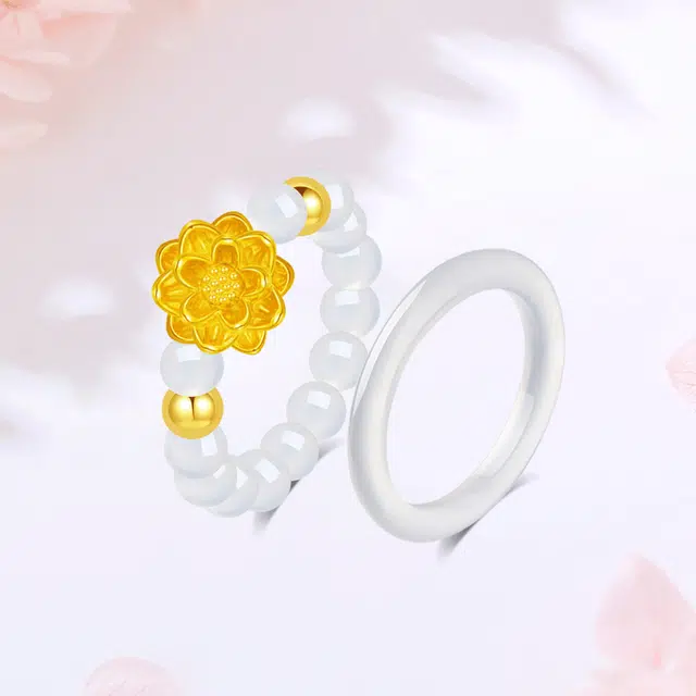 【999金|精选高品质】 金师傅 莲花白月光叠戴戒指 好运莲莲有钱花 万事如意新中式气质清冷百搭优雅 小众轻奢高级#好运 玛瑙 戒指 女款