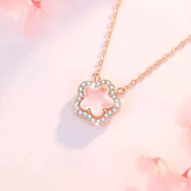 【S999足银|甄选高品质】 金师傅 荔枝冻樱花粉套装 森系花朵轻奢小众锁骨链时尚精致气质简约百搭少女感#好运 粉水晶 项链 女款