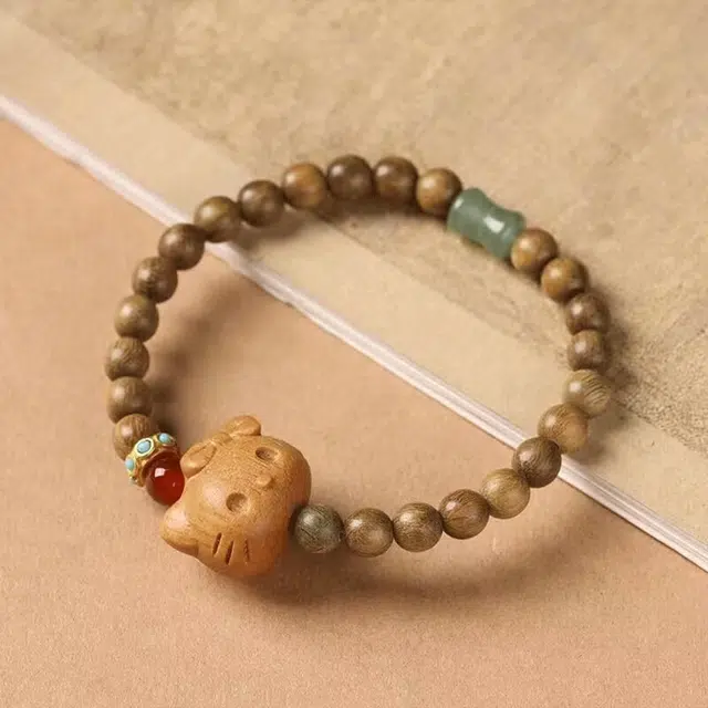 【S999足银|甄选高品质】 金师傅 平安锁猫咪套装 吉祥如意招财猫转运新中式国潮气质民族小众高级简约百搭吊坠 黑檀 手串 男女同款情侣款