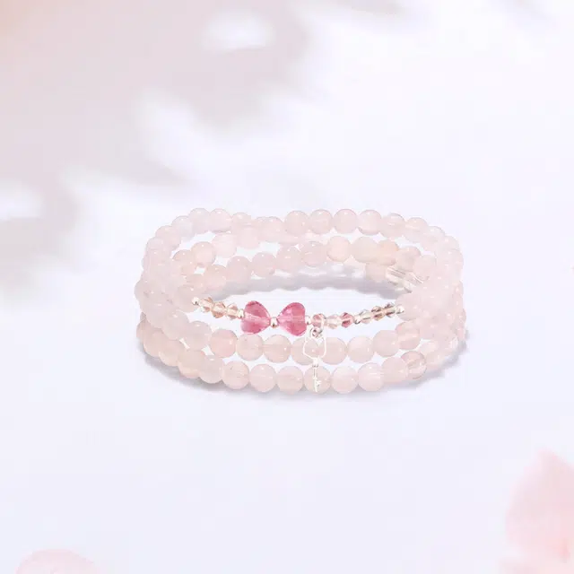 【S925银招财猫|高品质】 金师傅 萌趣猫咪钥匙多圈叠戴 招桃花能量之石 甜美蝴蝶结 可爱气质小众轻奢高级简约百搭好运 粉水晶 手串 女款