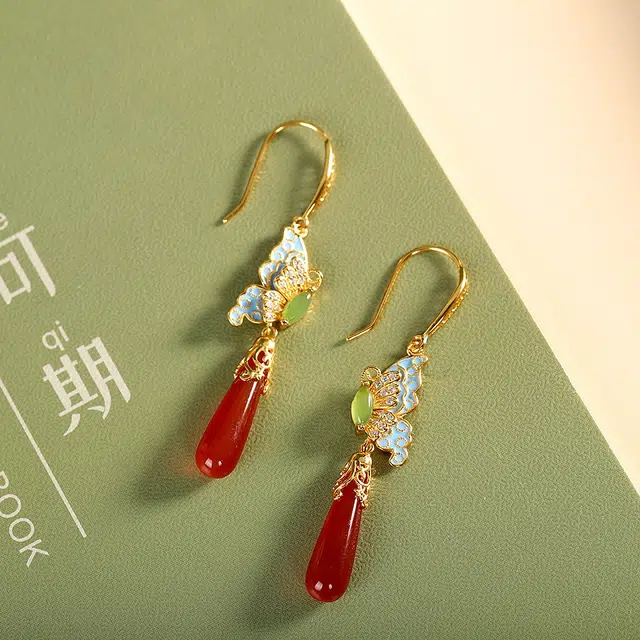 倾爱 烧蓝蝴蝶 时尚复古 玛瑙 玉石耳环 女款