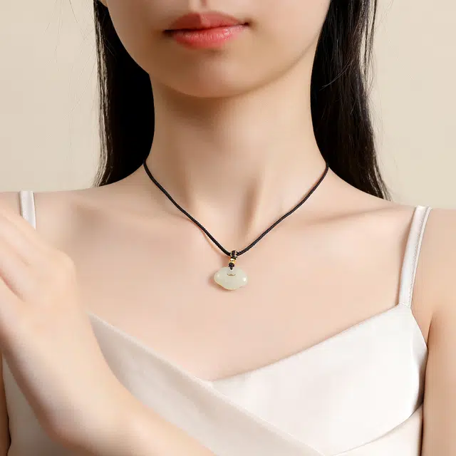 倾爱 祥云平安扣 时来好运 转运金珠项坠 黑绳编绳 民族风小众设计 和田玉项链 青玉 男女同款情侣款