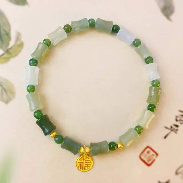 倾爱 福牌竹节 节节高升新中式国潮古风手饰 和田玉手串 青白玉 男女同款情侣款