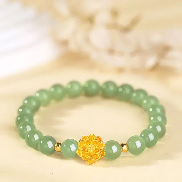倾爱 好事莲莲 新中式 足金莲花转运珠 和田玉 手串 女款 碧玉