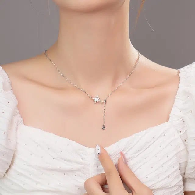 尚银福 八芒星流苏 森系小清新浪漫甜蜜璀璨闪耀星星流苏锁骨链 精致轻奢小众设计高级感时尚优雅气质百搭通勤 好运 合金 项链 女款