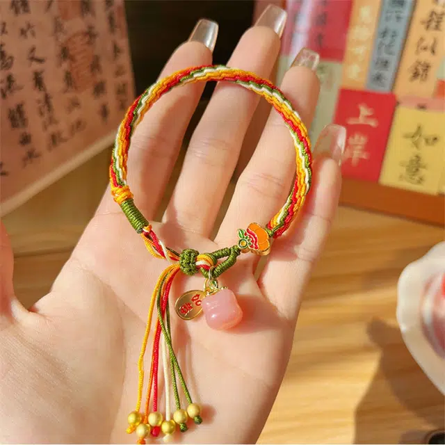 尚银福 柿柿如意 国潮复古民族风如意吊牌考试上岸幸运甜美精致小众气质高级感多股五彩编织绳 织物 手链 女款