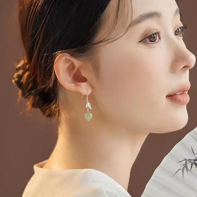 尚银福 竹叶青 森系小清新时尚优雅气质轻奢高级感 国潮新中式小众创意设计节节高升流苏耳饰 合金 耳环 女款