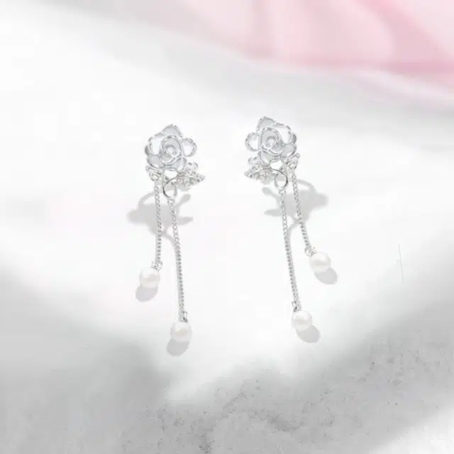 尚银福 玫瑰花 耳骨夹 森系小清新时尚优雅气质轻奢高级感 甜美 心小众设计流苏 耳饰 合金 珍珠 耳夹 女款