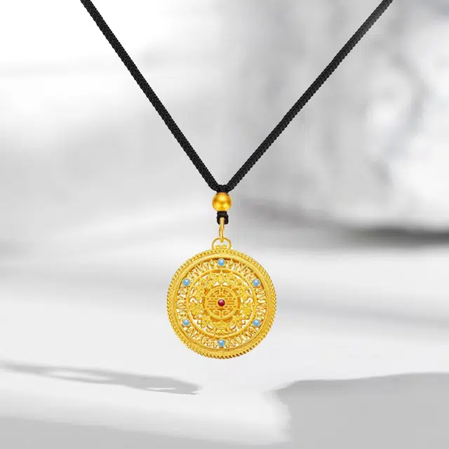 尚银福 五福圆满 国潮新中式时尚复古小众创意设计 轻奢高级感圆盘金色平安扣 好运 合金 项链 女款