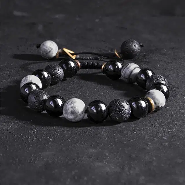 尚银福 三生万物 新中式嘻哈潮流小众设计气质轻奢高级感 甜蜜饰爱 编织抽绳 黑曜石 玉石手链 男女同款情侣款