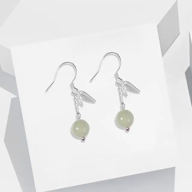 尚银福 竹叶青 国潮复古优雅气质清冷感仙气古风中式汉服旗袍流苏叶子圆珠吊坠个性高级感 合金 耳环 女款