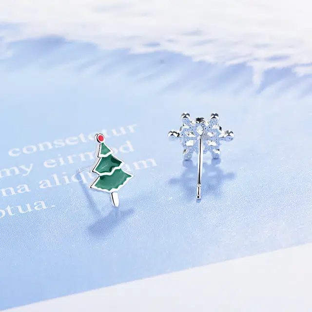 尚银福 雪花圣诞树 森系小清新 优雅气质小巧精致 高级感 甜美 复古小众设计 耳饰品 合金 耳钉 女款