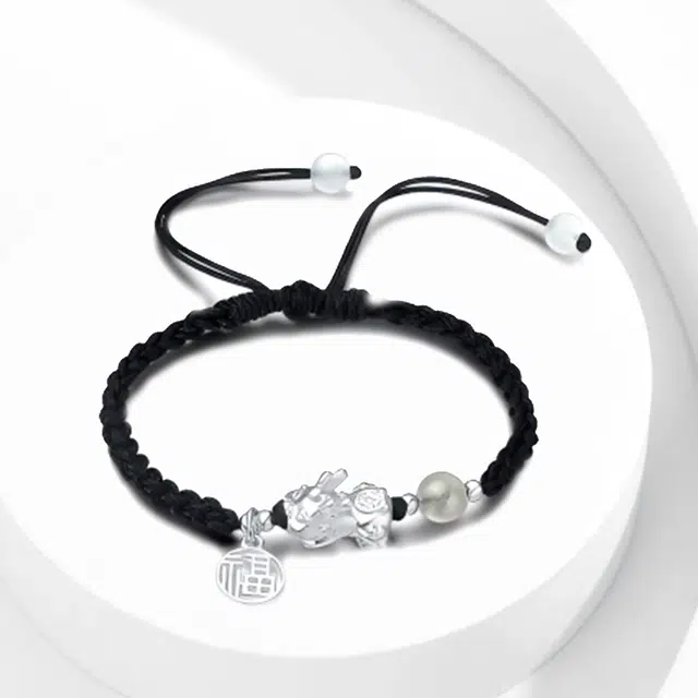 尚银福 福牌貔貅 国潮复古新中式 小众设计高级感 立体招财吞金兽镂空福牌好运转运珠可调节编织绳 织物 手链 男女同款情侣款