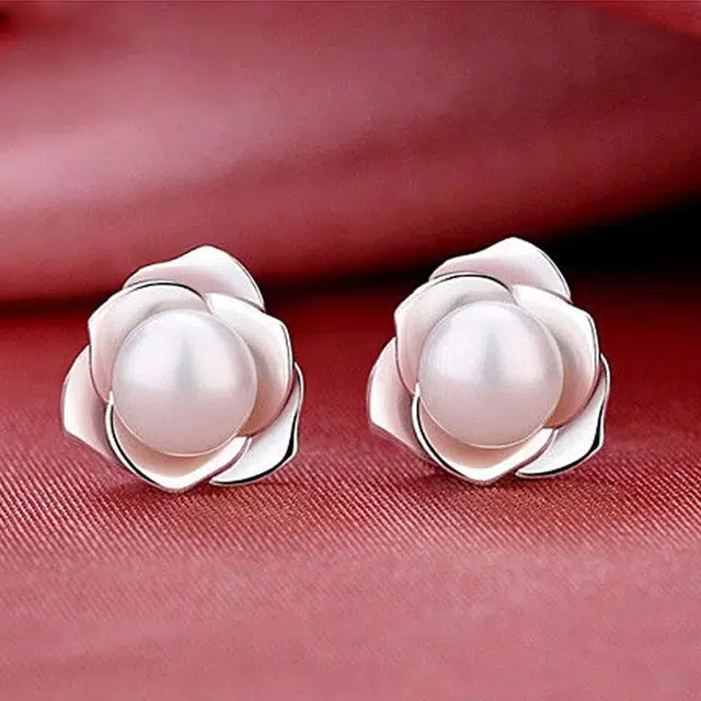 尚银福 珍珠玫瑰 轻奢时尚简约百搭 小众造型设计高级甜蜜饰爱 合金 耳钉 女款