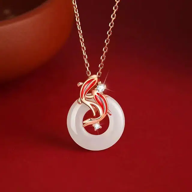 尚银福 渐变粉双鲫鱼系列 复古新中式森系气质简约小众设计高级感 镂空圆环双鲤鱼锁骨链渐变粉色素圈闭口手饰 好运 合金 项链 女款