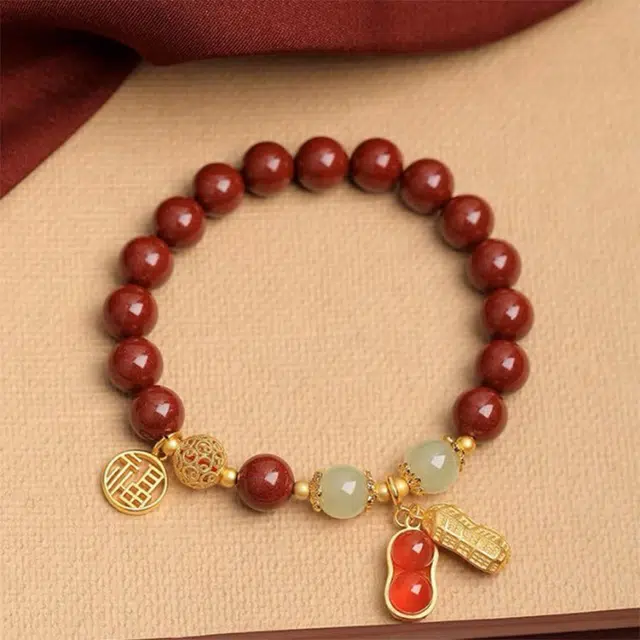 尚银福 好事花生 轻奢国潮复古转运珠纳福百搭高级感手饰 小众文艺民族风 好运 再造辰砂朱砂 手串 女款