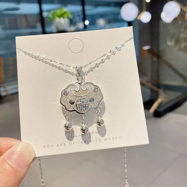 尚银福 平安锁 好运福气铃铛长命锁吊坠 轻奢小众新中式国风简约时尚转运招财百搭锁骨链 合金 项链 男女同款情侣款