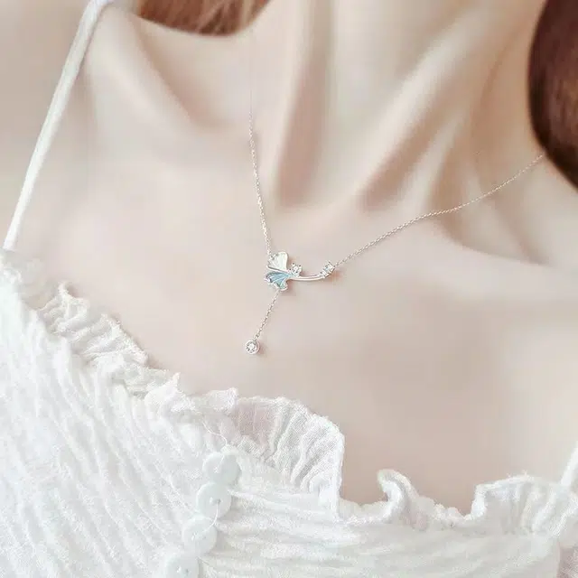 尚银福 小杏运 小清新雾霾蓝银杏叶流苏吊坠轻奢气质温柔时尚仙气小众高级感设计项饰 合金 项链 女款