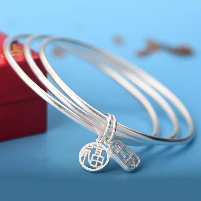 尚银福 三生三世平安福 浪漫精致轻奢高级小众设计实心镯子闭口通勤百搭 好运 合金 手镯 女款