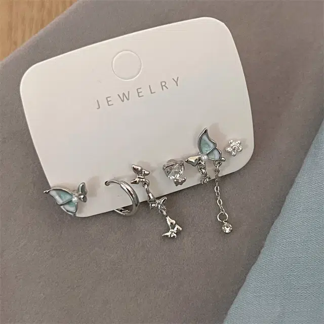 尚银福 薄荷蝴蝶流苏耳饰三件套  甜美精致轻奢时尚优雅温柔灵动闪耀耳饰 小清新高级感不对称设计休闲通勤百搭公主风 合金 耳环 女款