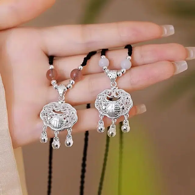 尚银福 福字平安锁系列 国潮新中式时尚优雅气质复古轻奢高级感 小众创意设计长命锁串珠编织 菩提子/菩提籽 项链 男女同款情侣款