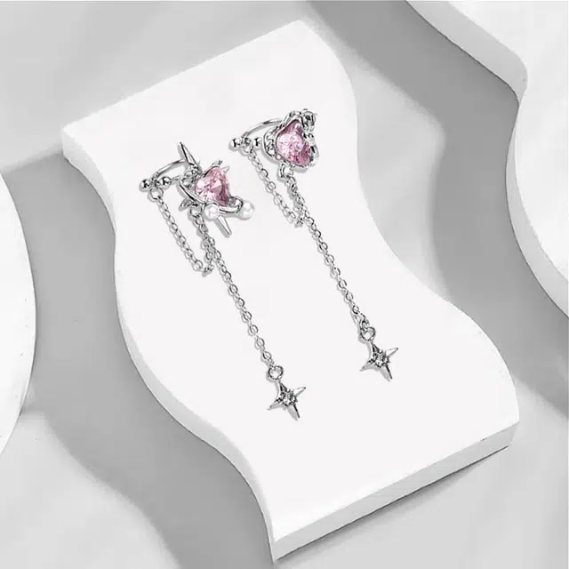 尚银福 十字星芒流苏 轻奢小众高级感 简约时尚潮流甜酷辣妹风粉色爱心十字星芒长款 合金 耳环 女款