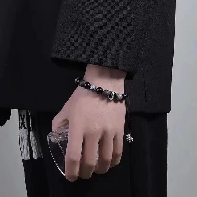 尚银福 三生万物 新中式嘻哈潮流小众设计气质轻奢高级感 甜蜜饰爱 编织抽绳 黑曜石 玉石手链 男女同款情侣款