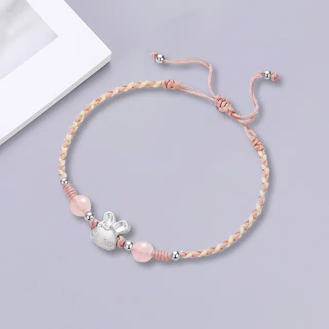 尚银福 粉色兔子 软萌简约精致轻奢甜美少女心 中式高级气质立体萌趣造型 创意小众设计感可调节编织 织物 手链 男女同款情侣款