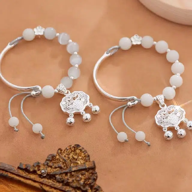 尚银福 平安锁半镯系列 国潮新中式时尚优雅气质复古轻奢高级感 小众创意设计长命锁串珠编绳手绳 菩提子/菩提籽 手链 男女同款情侣款