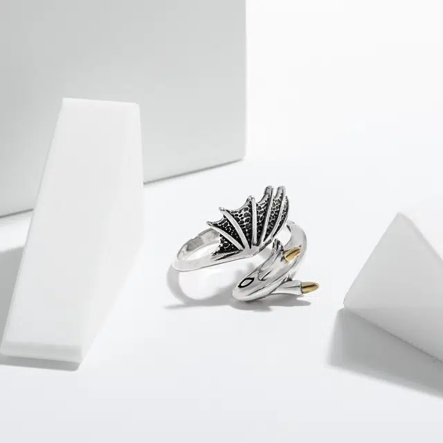 尚银福 小飞龙 国潮新中式嘻哈复古做旧叠戴手饰品 不规则小众创意设计开口 合金 戒指 男款