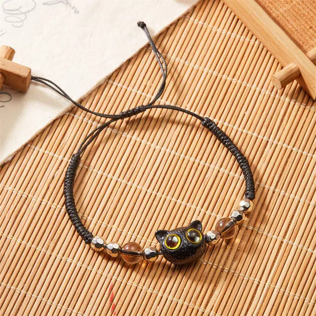 尚银福 大眼猫咪 国潮猫咪轻奢高级感小花小清新可爱小众设计 织物 手链 女款