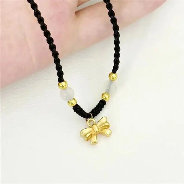 尚银福 在逃公主蝴蝶结 冷淡风轻奢高级感 新中式国潮复古浪漫精致在逃公主光面蝴蝶圆珠 合金 项链 女款